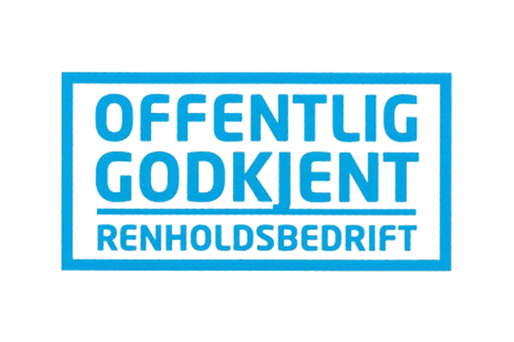 Offentlig godkjent renholdsbedrift logo i blått med tydelig tekst.