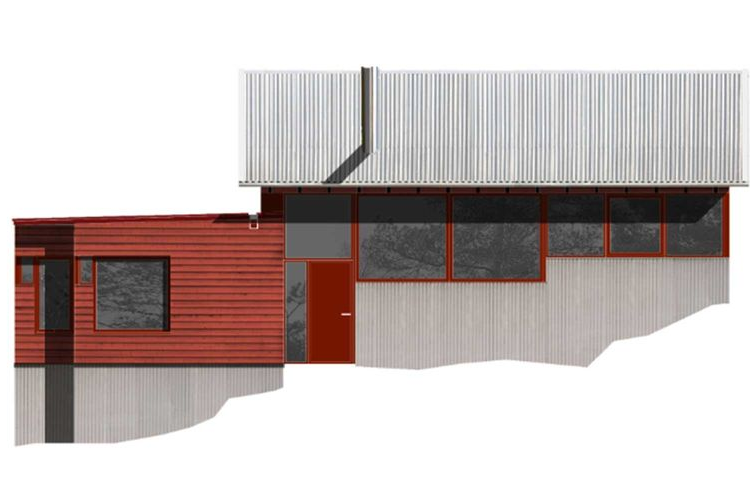 Moderne hus med rød trevegg og metalltak, store vinduer og en minimalistisk design.