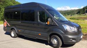 En svart minibuss parkert på en vei med grønt landskap i bakgrunnen.