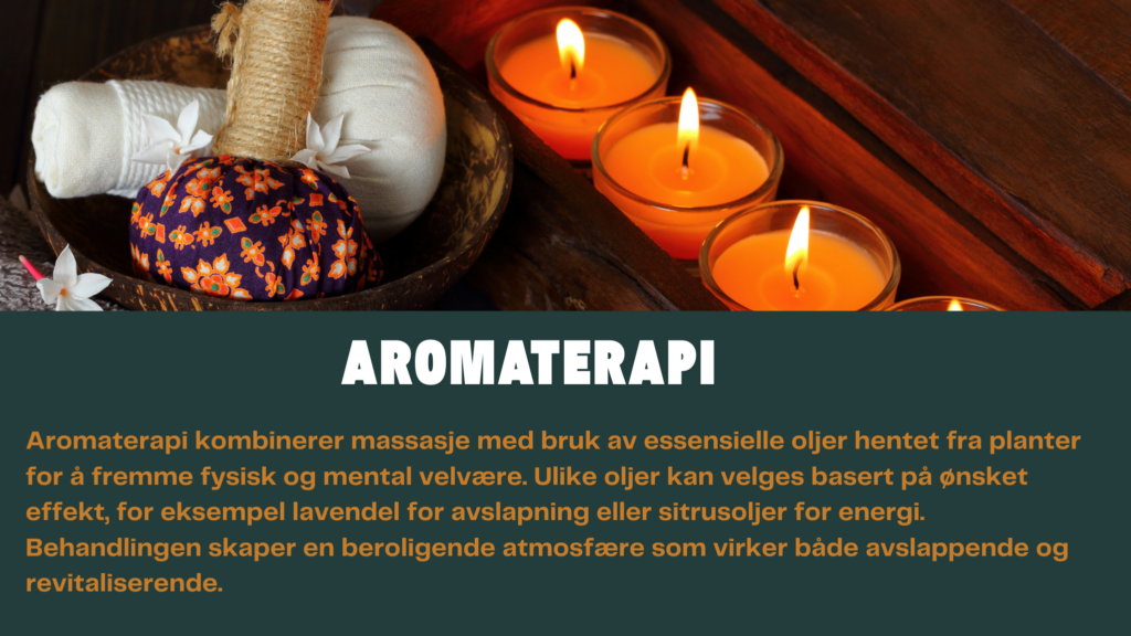 Aromaterapi med essensielle oljer, stearinlys og velværeprodukter for avslapning og energigivende behandling.