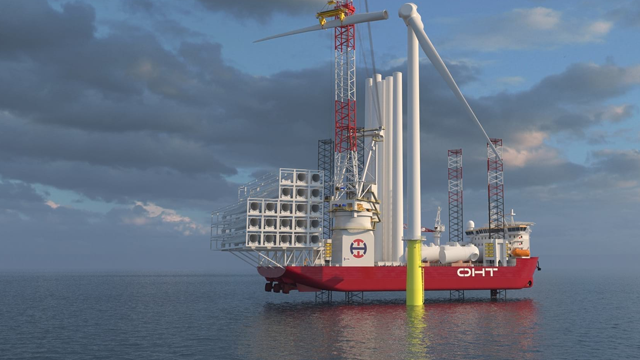 Et offshore vindmølleinstallasjonsfartøy med kran og vindturbiner på dekk, ligger på havet under en skyet himmel.