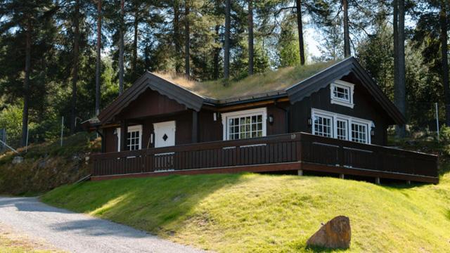 Et koselig, svart hus med gressdekt tak, omringet av trær og plener, ligger på en skråning.