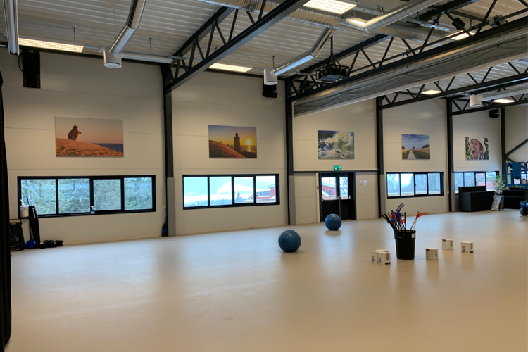 Treningsrom med store vinduer, blå treningsballer og bilder på veggene.