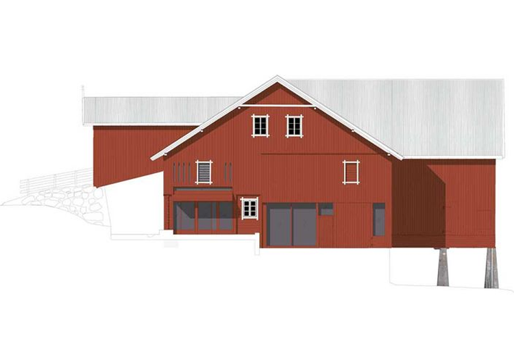 Rød hytte med skråtak og store vinduer, plassert på stolper, omgitt av natur.