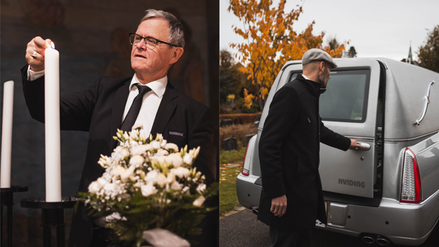 En mann i dress tenner lys ved en blomsterdekorasjon, mens en annen mann åpner døren til en bil.