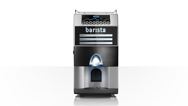Kaffemaskin fra Barista med moderne design og digitale kontroller, plassert på en hvit overflate.