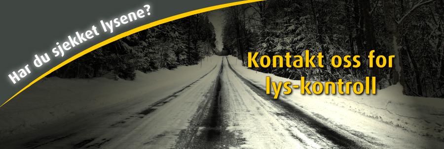 En vintervei med snø og trær på sidene, med teksten "Har du sjekket lysene?" og "Kontakt oss for lys-kontroll".
