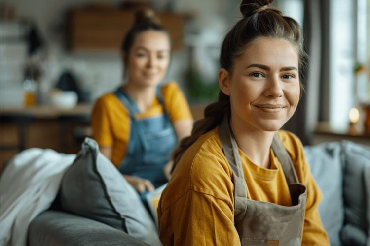 To kvinner i gule t-skjorter sitter på en sofa, smilende, med en koselig stue i bakgrunnen.