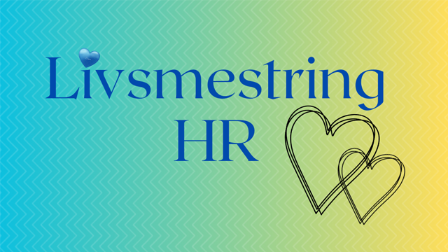 Livsmestring HR med blå hjerte og to hjerter på en gradient bakgrunn i blått og gult.
