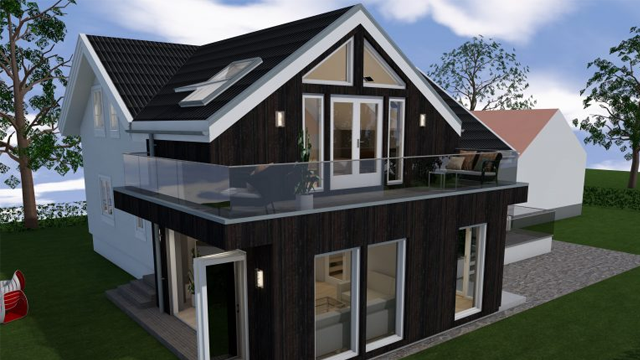 Moderne hus med svart trepanel, balkong og store vinduer, omgitt av grønt gress og trær.