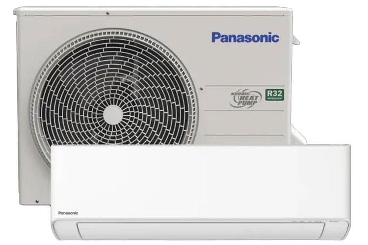 Panasonic klimaanlegg med utendørs enhet og innendørs enhet, designet for effektiv oppvarming og kjøling.