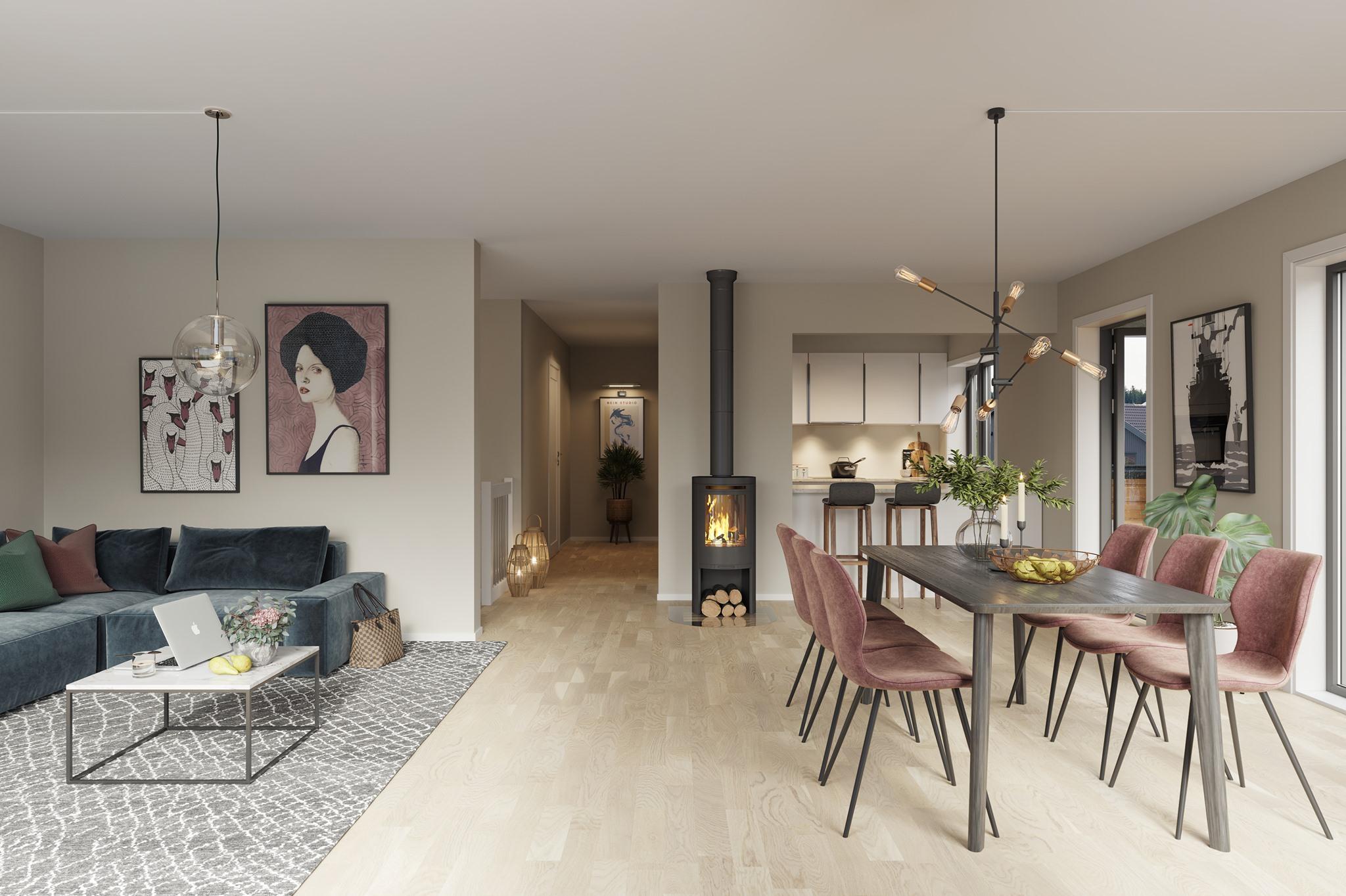 Moderne stue med spisebord, stoler, peis og kunstverk på veggene i et lyst rom.