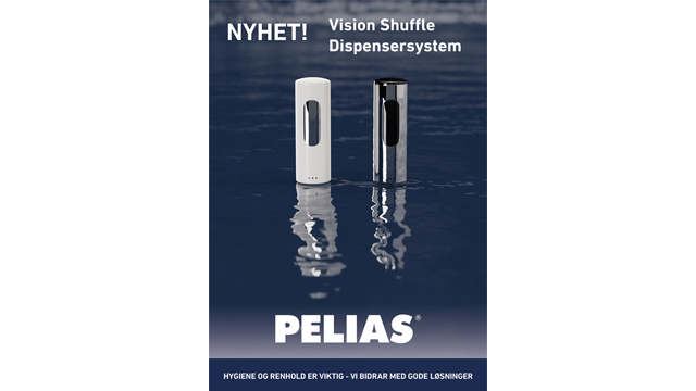 Nyhet! Vision Shuffle dispensersystem i hvit og svart farge, med vannbakgrunn. PELIAS-logo synlig.