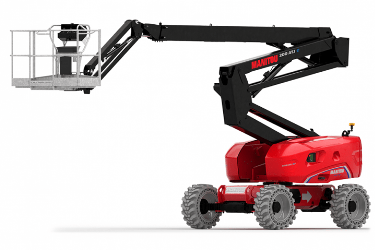 En rød manitou lift med en plattform for arbeid i høyden, stående på store gummihjul.