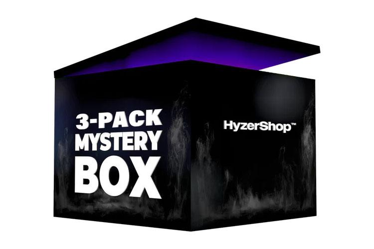 3-pakning mysterieboks fra HyzerShop med åpen lokk og mystisk design.
