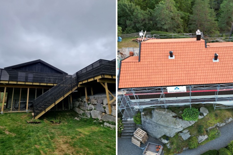 To hus med trapper og takrenner, det ene med rød takstein og det andre under renovering. Grønt landskap i bakgrunnen.