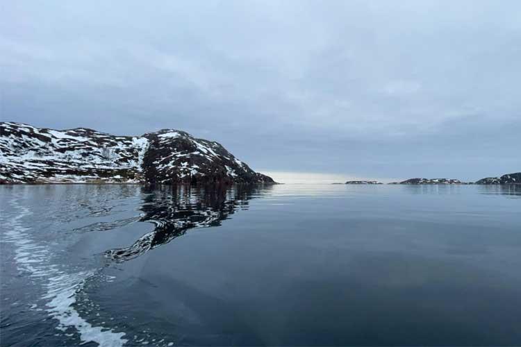 Roelig havlandskap med snødekte fjell og speilbilde i vannet under en grå himmel.