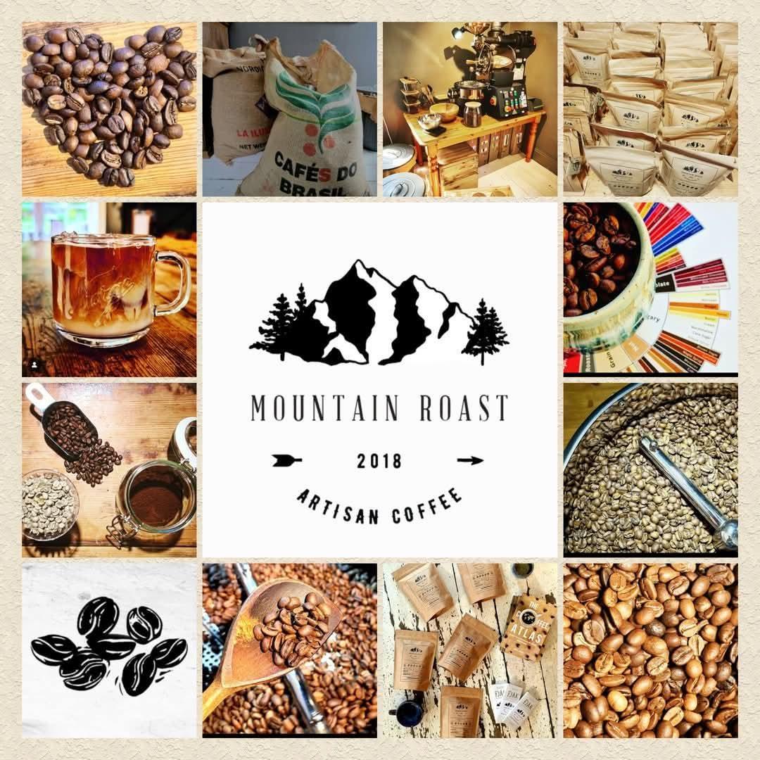 Kaffebønner, kaffekopper, poser med kaffe og utstyr for kaffebrygging i en collage med teksten "Mountain Roast 2018".