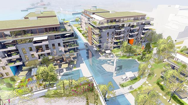 Moderne leilighetskompleks med grøntområder og vannpartier, omgitt av en vakker havn.