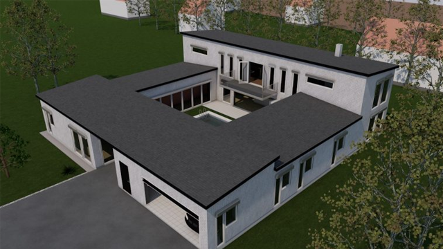 Moderne enebolig med flatt tak, stor hage og svømmebasseng, omgitt av trær og annen bebyggelse.