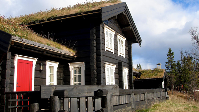 Svart tømmerhus med gressdekt tak, hvite vinduer og rød dør, omgitt av trær og blå himmel.