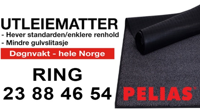 Utleiematter med tekst om standard og rengjøring, samt kontaktinformasjon for Pelias i Norge.