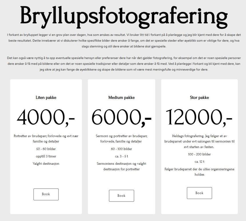 Bryllupsfotografering priser med tre pakker: liten, medium og stor, med detaljer om tjenester og kostnader.