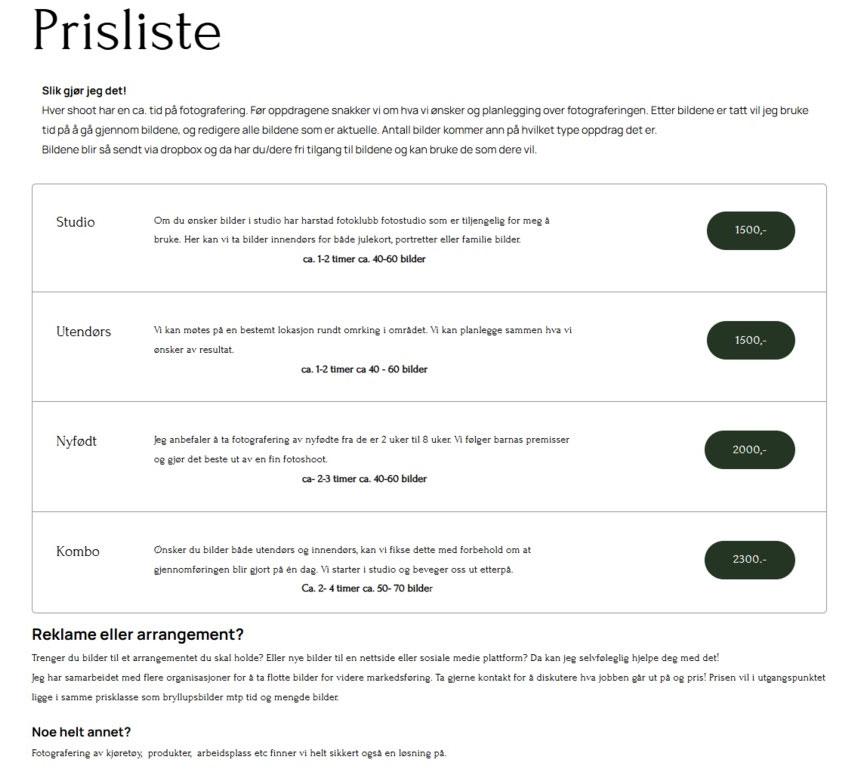 Prisliste med informasjon om tjenester og priser for forskjellige behandlinger og arrangementer.