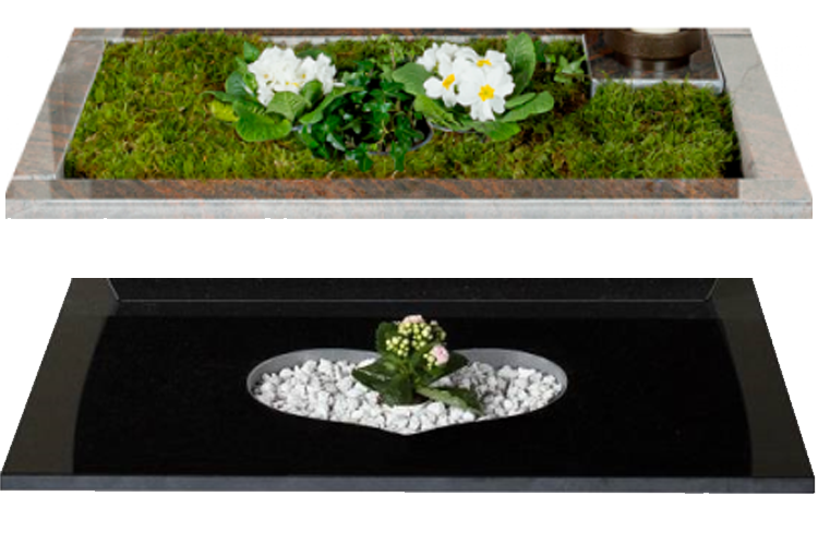 To minnesmerker med blomster og dekorativt belegg, en med grønt gress og en med hvite steiner.