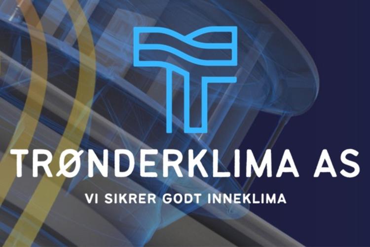 Logoen til Trøndertklima AS med teksten "Vi sikrer godt inneklima" og grafiske elementer i blått og gult.