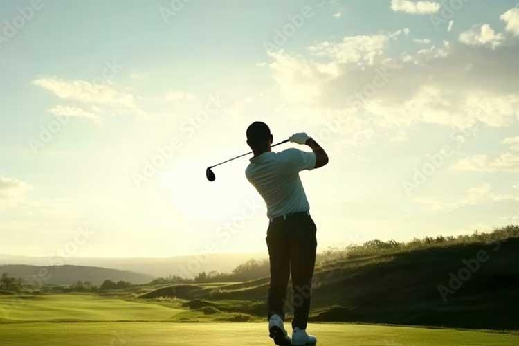 En golfer som svinger en golfkølle mot solnedgangen på en golfbane.