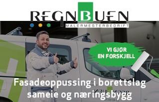 En maler står foran en bil med teksten "Fasadeoppussing i borettslag sameie og næringsbygg" på en reklame.