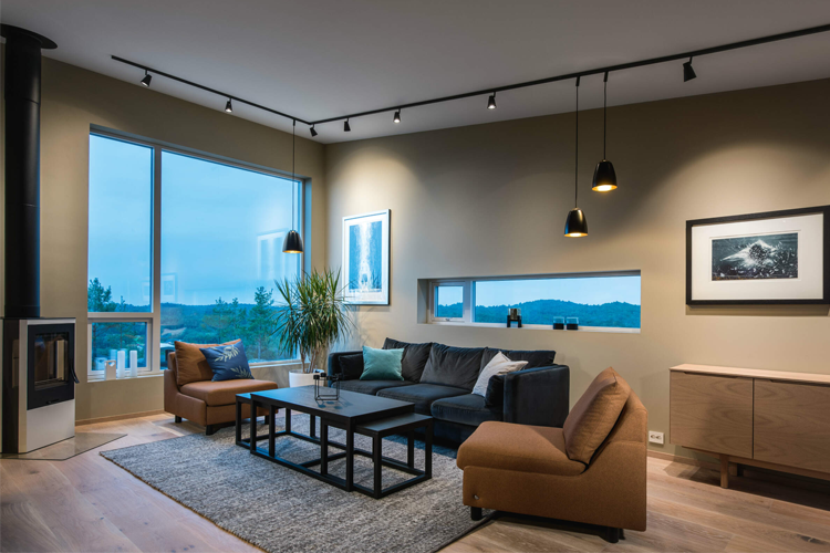 Moderne stue med sofa, bord og store vinduer som gir utsikt over landskapet. Stilren innredning med kunstverk på veggen.