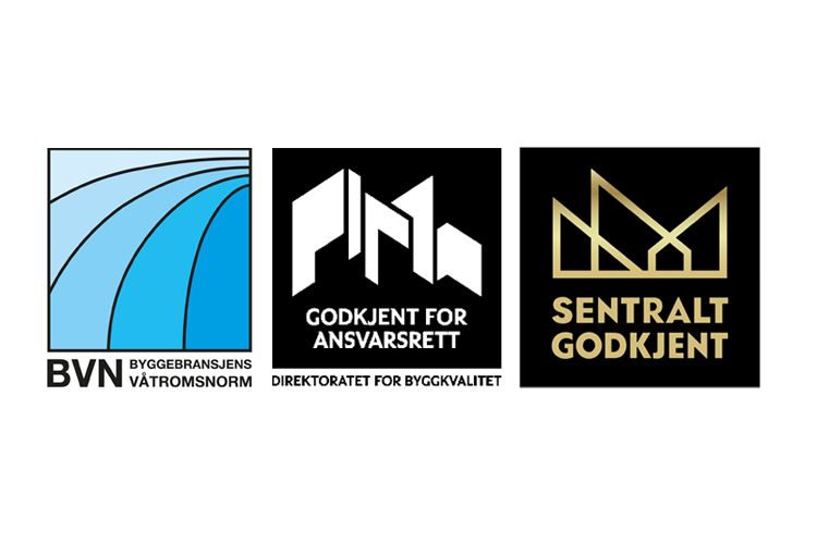 Logoer for BVN, Godkjent for ansvarsrett og Sentral godkjent, som representerer byggenæringen i Norge.