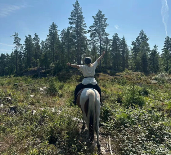 En person rir på en hest i skogen, med armene hevet mot solen og trær i bakgrunnen.