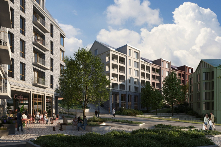 Moderne leilighetskompleks med kafe og grønne områder, omgitt av trær og blå himmel.