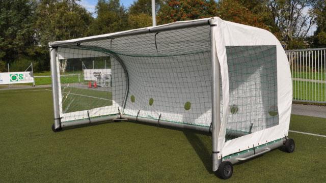 Mål med nett på en fotballbane, plassert på kunstgress med trær i bakgrunnen.
