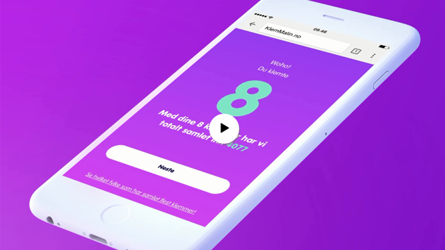 Mobilskjerm med en app som viser tallet 8 og en spørsmålsboks på en lilla bakgrunn.