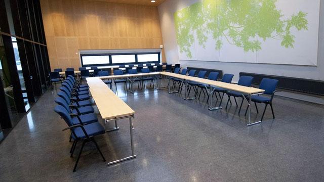 Møterom med lang bordoppsett og blå stoler, veggdekorasjon med grønne blader.