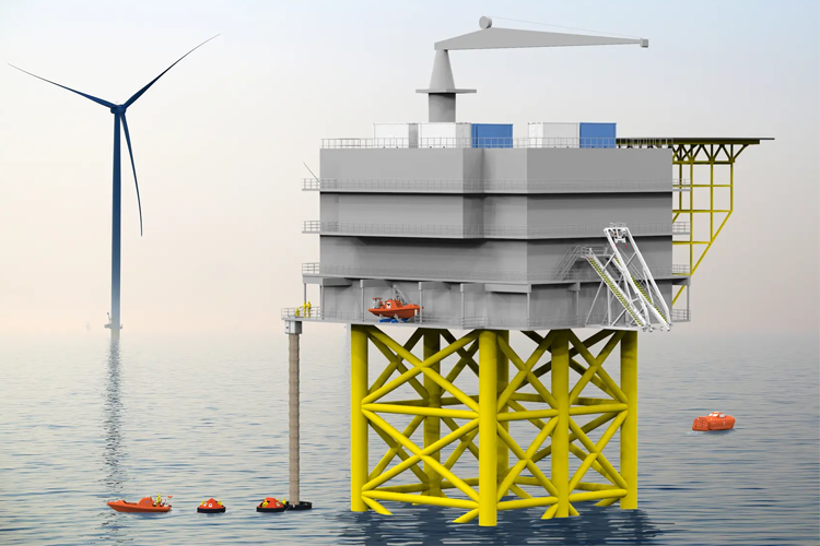 En offshore plattform med vindmøller i bakgrunnen, båter rundt og en kran på toppen av plattformen.
