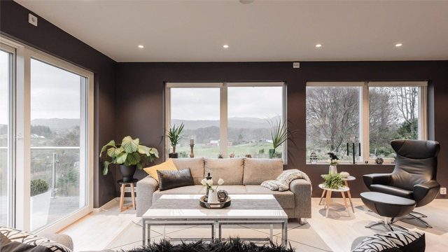 Moderne stue med store vinduer, komfortabel sofa, planter og stilige møbler i nøytrale farger.