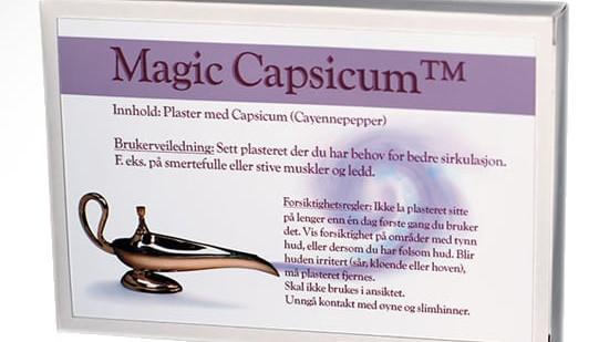 Pakke med Magic Capsicum™ plaster, som inneholder Capsicum (Cayennepepper) for bedre sirkulasjon og smertelindring.