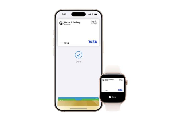 En iPhone som viser en Visa-kort med en Apple Watch ved siden av, begge med betalingsapper åpne.