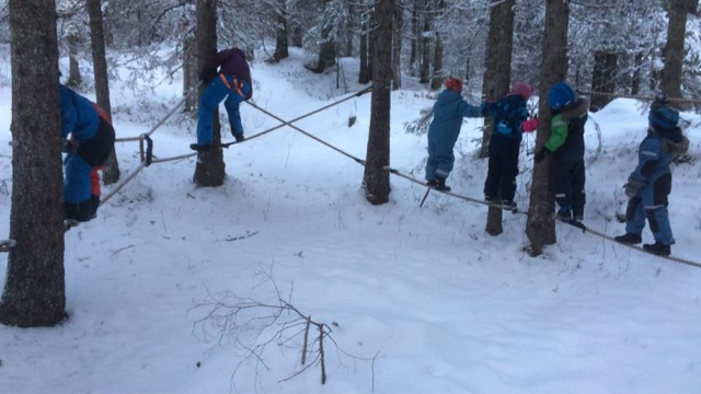 Barn som leker i snøen, trekker i et tau mellom trærne i en skog. Snødekt bakgrunn og vinterklær.