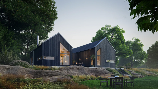 Moderne svart hus med skråtak, omgitt av trær og en hage med utemøbler.