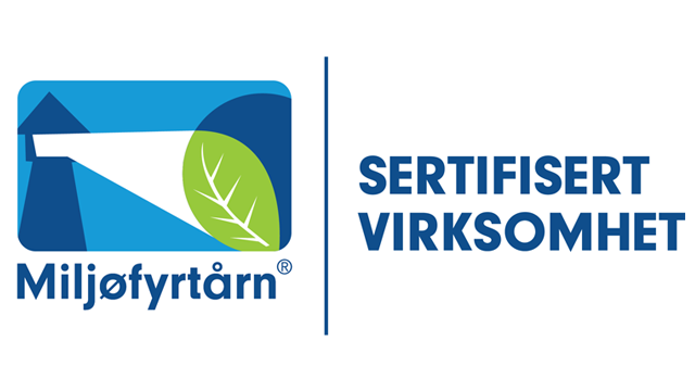 Miljøfyrtårn-logo med teksten "Sertifisert virksomhet" ved siden av.