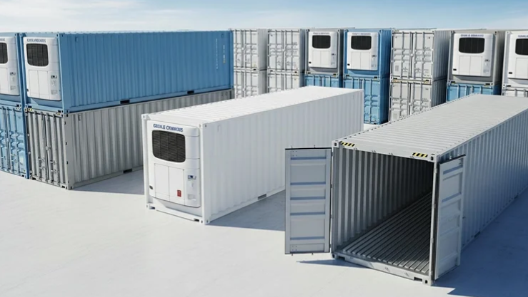 Lagercontainere i forskjellige farger, inkludert en hvit container med åpen dør, på en lys overflate.