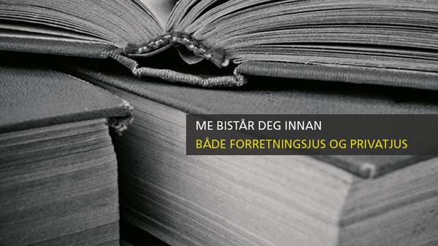 Åpen bok med tekst som sier "Me bistår deg innan både forretningsjus og privatjus".