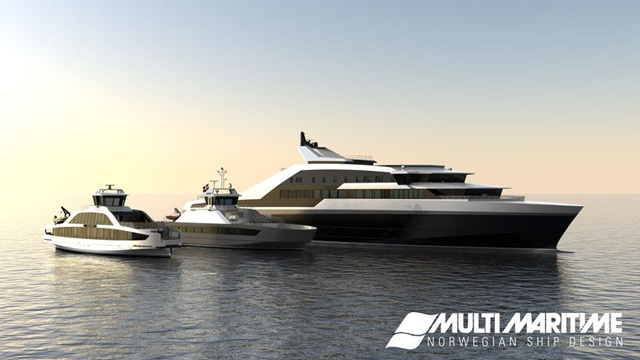 En moderne yacht med en mindre båt ved siden av, begge flyter på rolig vann under en solfylt himmel.