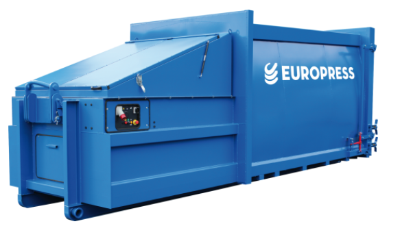 Blå avfallscontainer fra Europress med lukket design og kontrollpanel på siden.